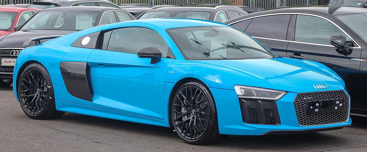 Blue Audi R8 V10 Plus coupe, front three-quarter view