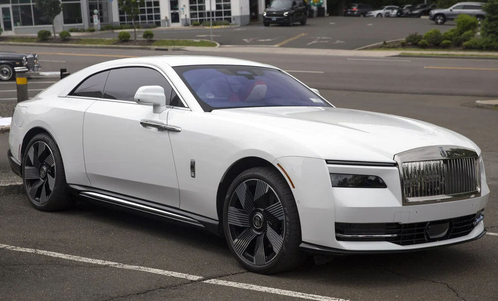 White Rolls-Royce Spectre coupe, front three-quarter view