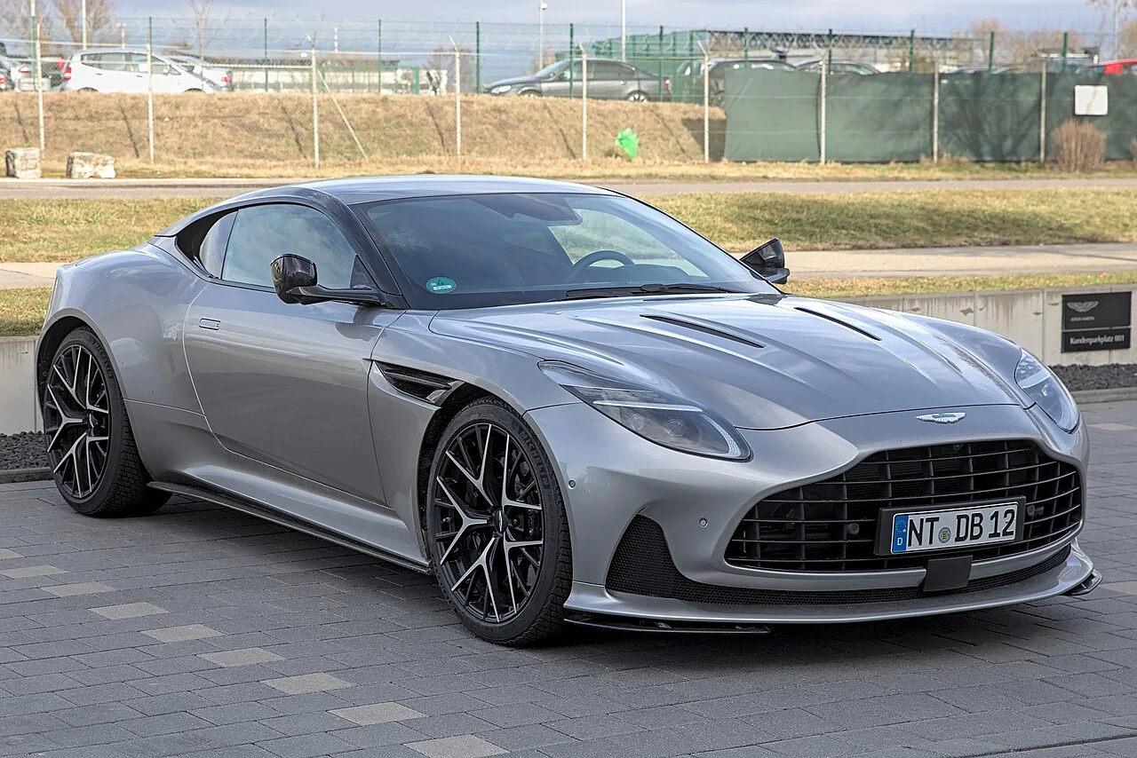 Silver Aston Martin DB12 coupe, front three-quarter view