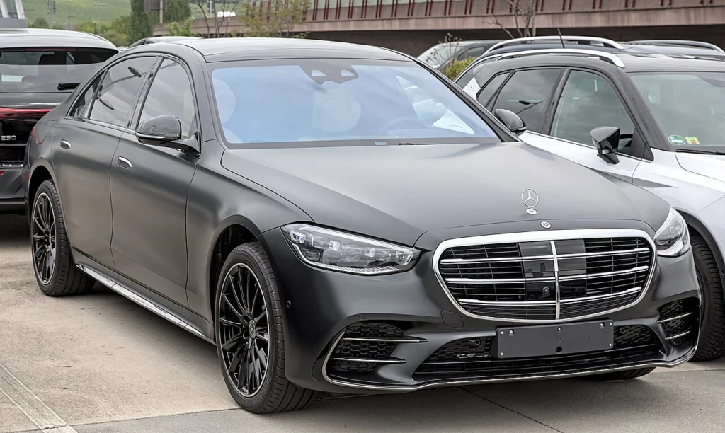 Gray Mercedes-Benz S-Class sedan, front three-quarter view