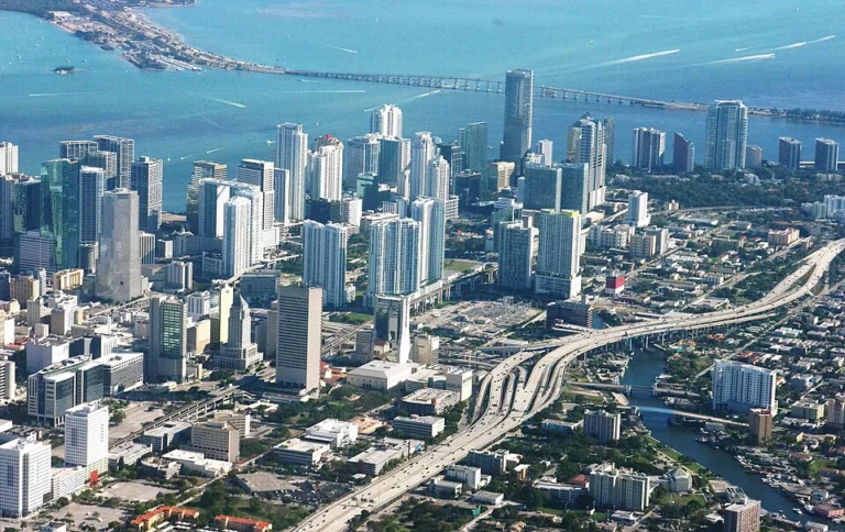 Aerial view of the Miami skyline, highways and Biscayne Bay